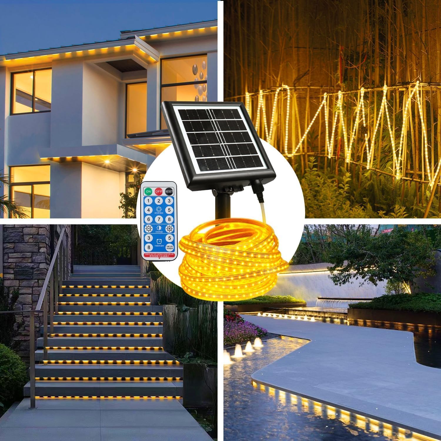Nurluce Tira de luces LED solares para exteriores, impermeable, blanco cálido, 32.8 pies, 960 LED, 2400 mAh, 24 V, tira de luz solar con control