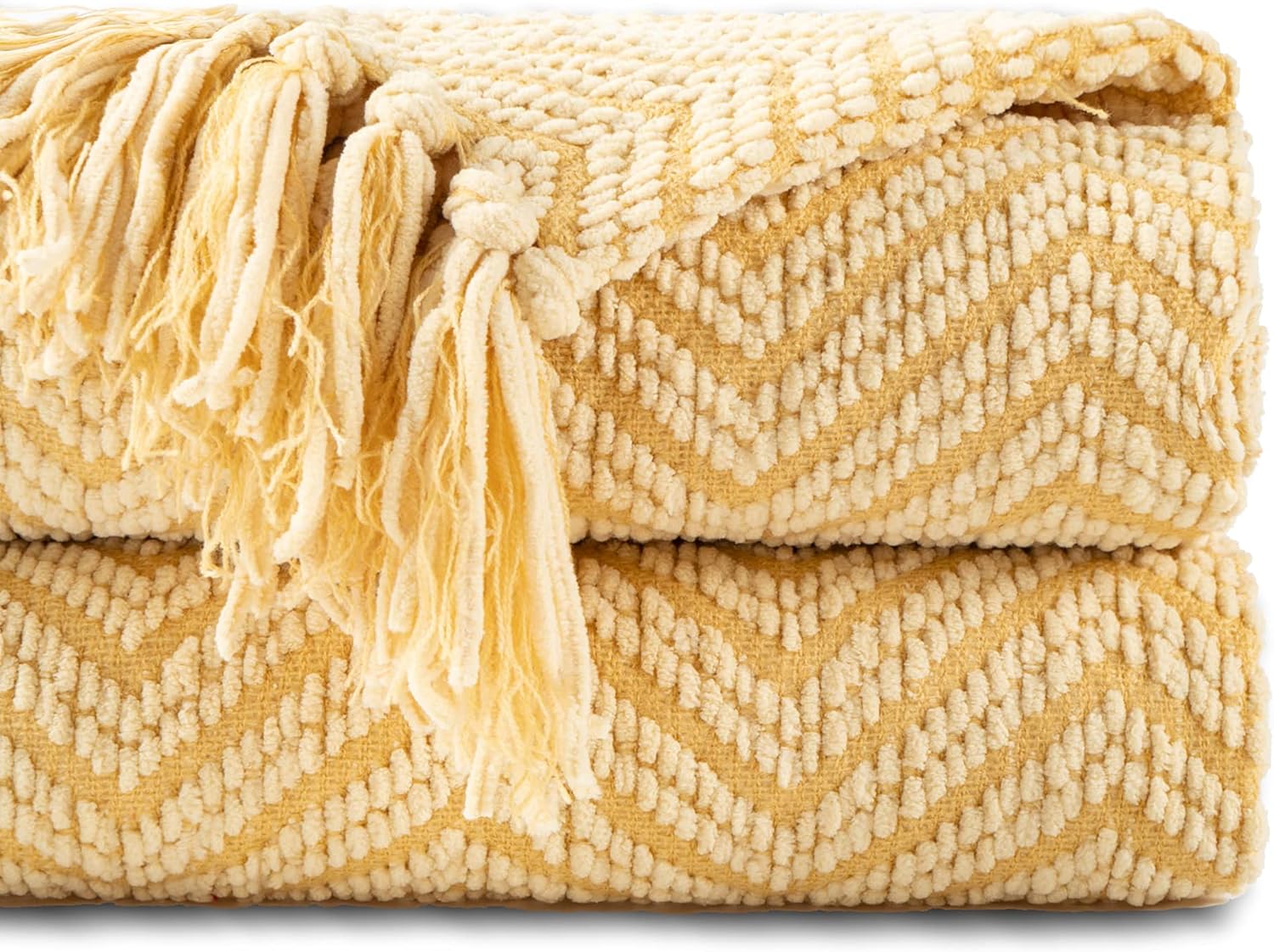 BATTILO HOME Manta dorada para sofá, manta de punto amarillo versátil para silla, manta supersuave y cálida mostaza con borlas para cama individual,