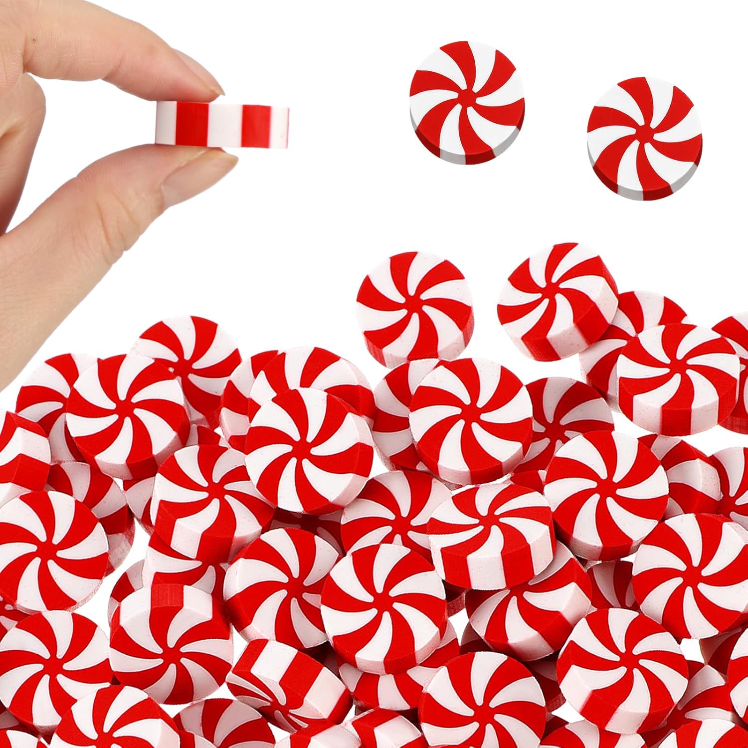 100 gomas de borrar de caramelo de Navidad grandes para niños de la escuela, borradores en forma de caramelo blanco y rojo, a granel para premios de