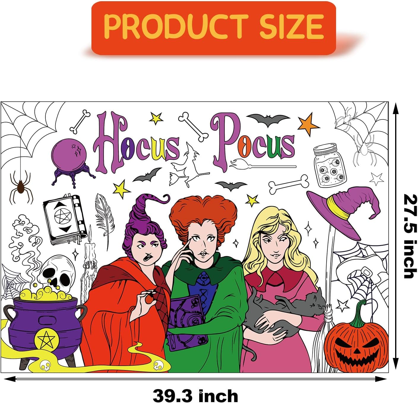 Hocus Pocus, recuerdos de fiesta de Halloween, libro para colorear de bruja, póster gigante para colorear, mantel grande para colorear, cubierta de