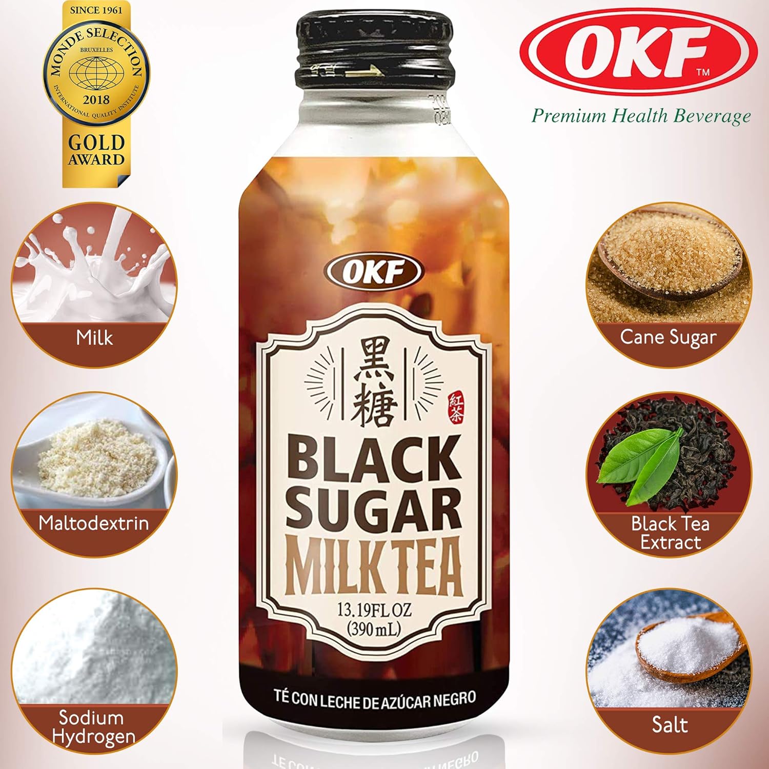 OKF Té con leche de azúcar negro, 13.19 onzas líquidas (paquete de 20)