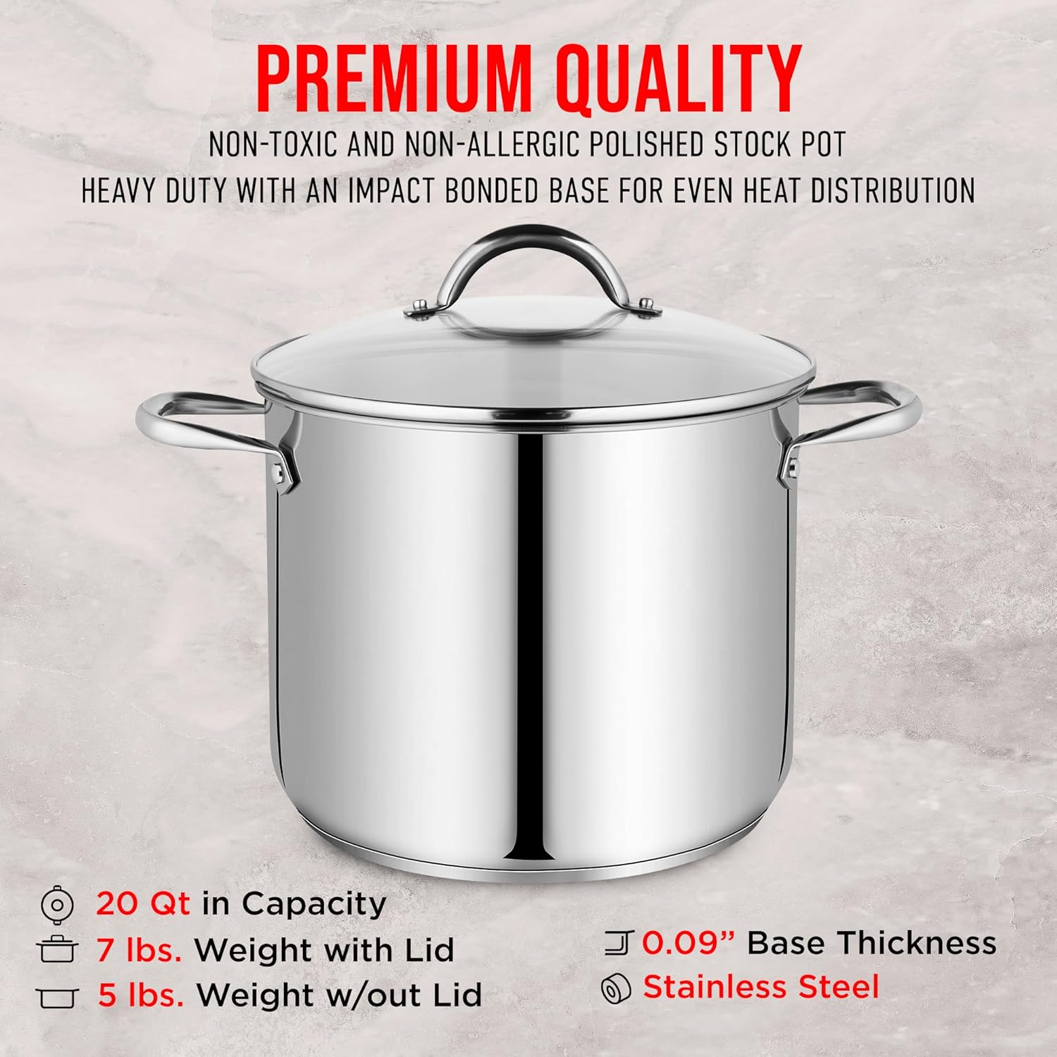 Bakken-Swiss Deluxe – Olla de acero inoxidable de 20 cuartos de galón con tapa transparente de vidrio templado, deliciosas sopas, guisos y cocción