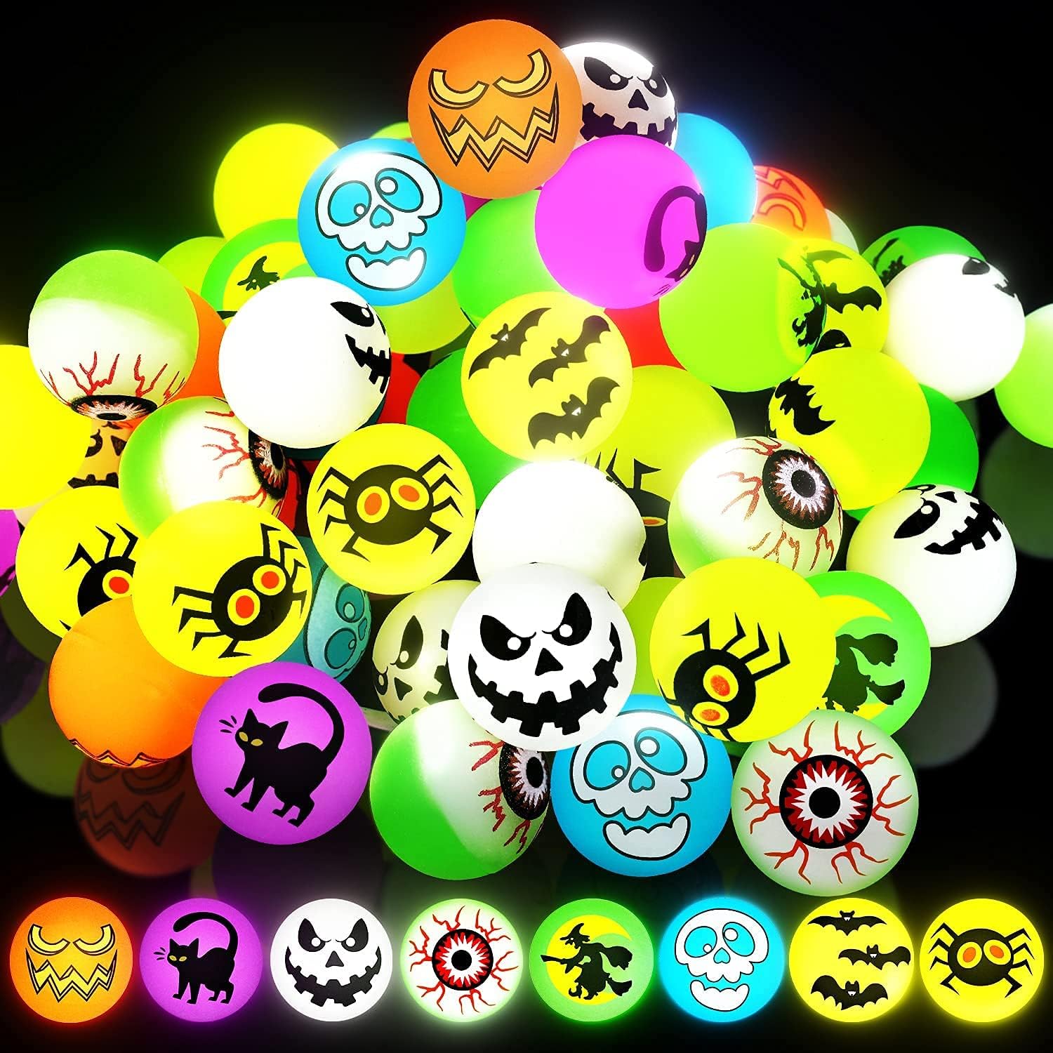 72 bolas que rebotan que brillan en la oscuridad, 8 bolas inflables temáticas de Halloween para suministros de fiesta de Halloween,
