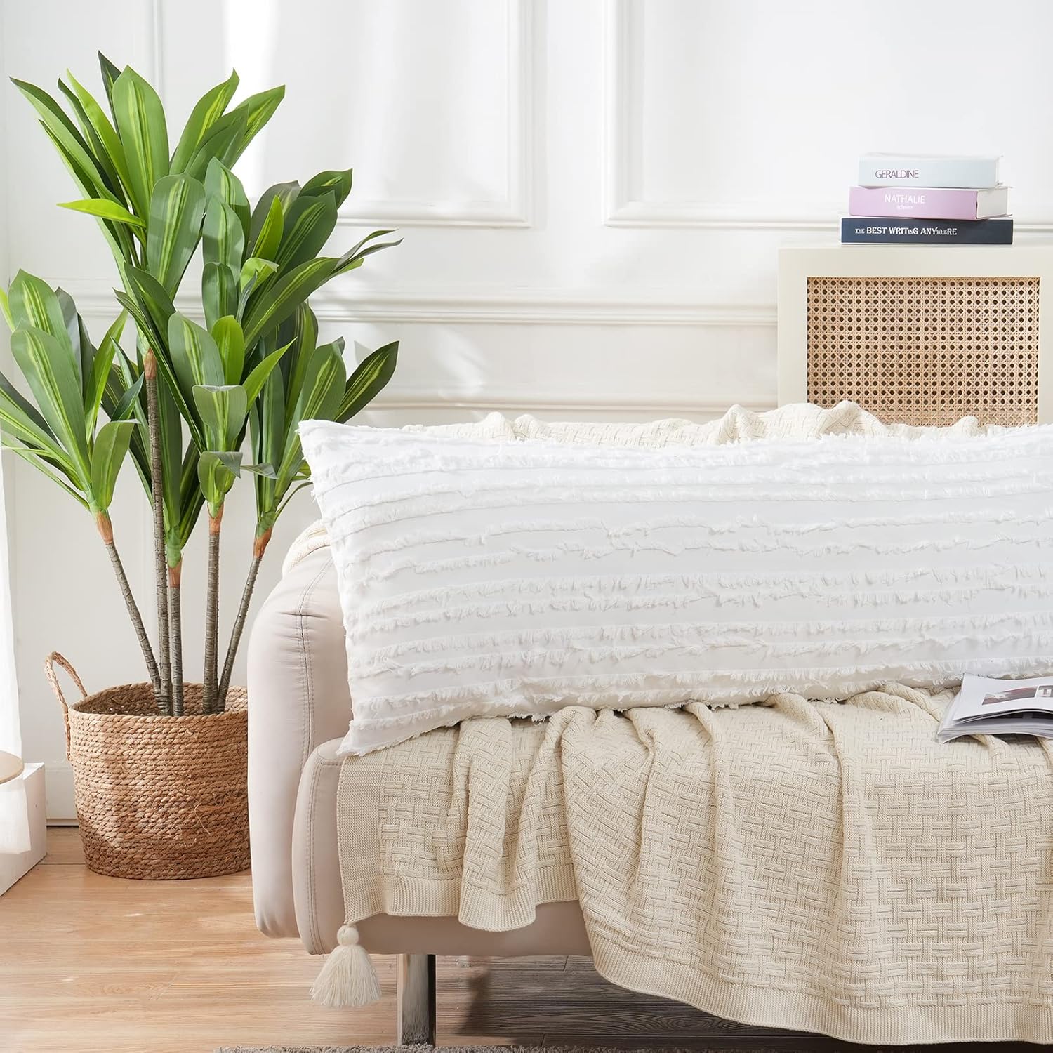 Herside Funda de almohada corporal, estilo bohemio, 100 % algodón, fundas de almohada blancas de 20 x 54 pulgadas, funda de almohada corporal de