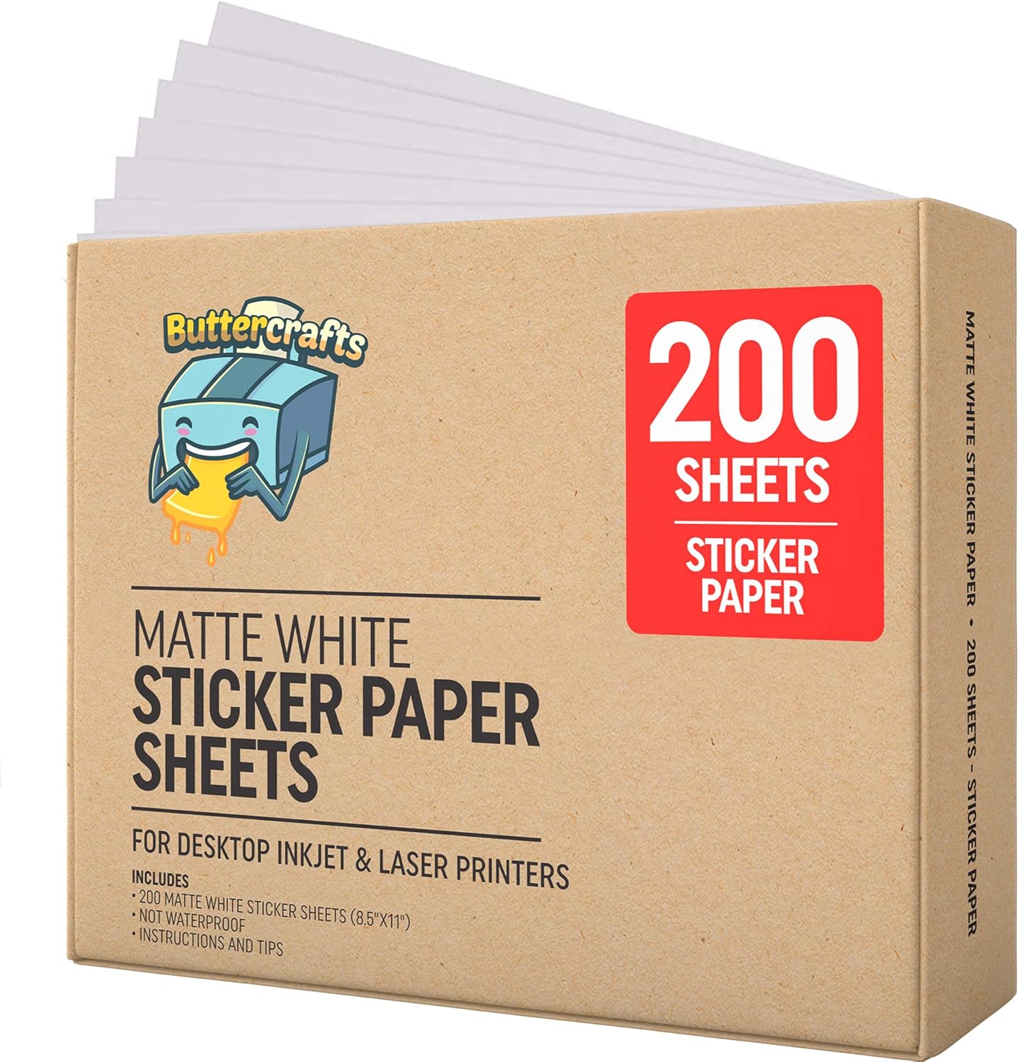 Papel adhesivo imprimible para impresoras de inyección de tinta e impresoras láser (blanco mate, 200 hojas, 8.5 x 11 pulgadas), hojas adhesivas para