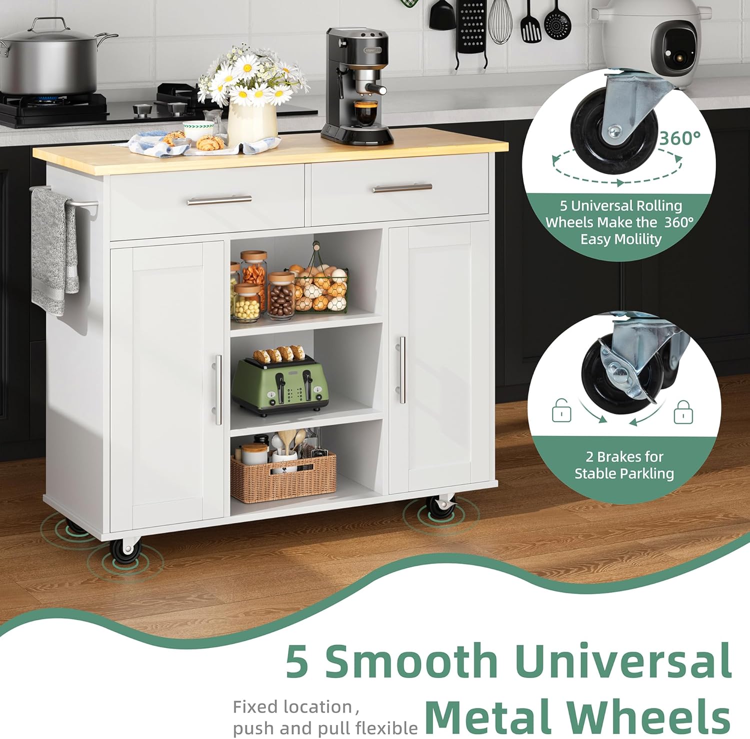 Shintenchi Carrito de isla de almacenamiento de cocina con 3 estantes abiertos, 2 cajones y 2 gabinetes, carrito de cocina con ruedas con