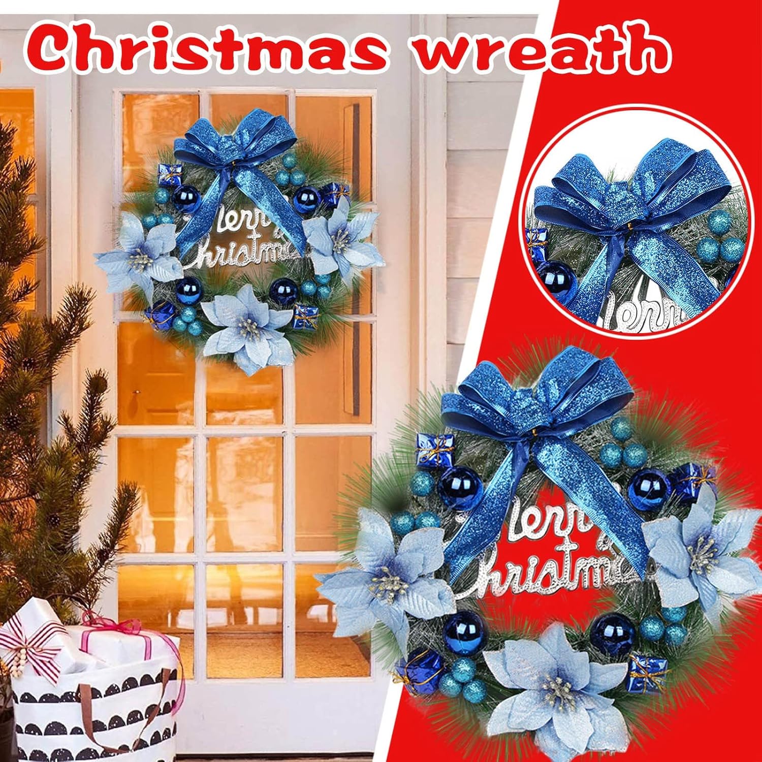 Corona de Navidad para puerta delantera con detalles azules, lazo para decoración de puerta delantera, 12 pulgadas, para pared exterior, interior,