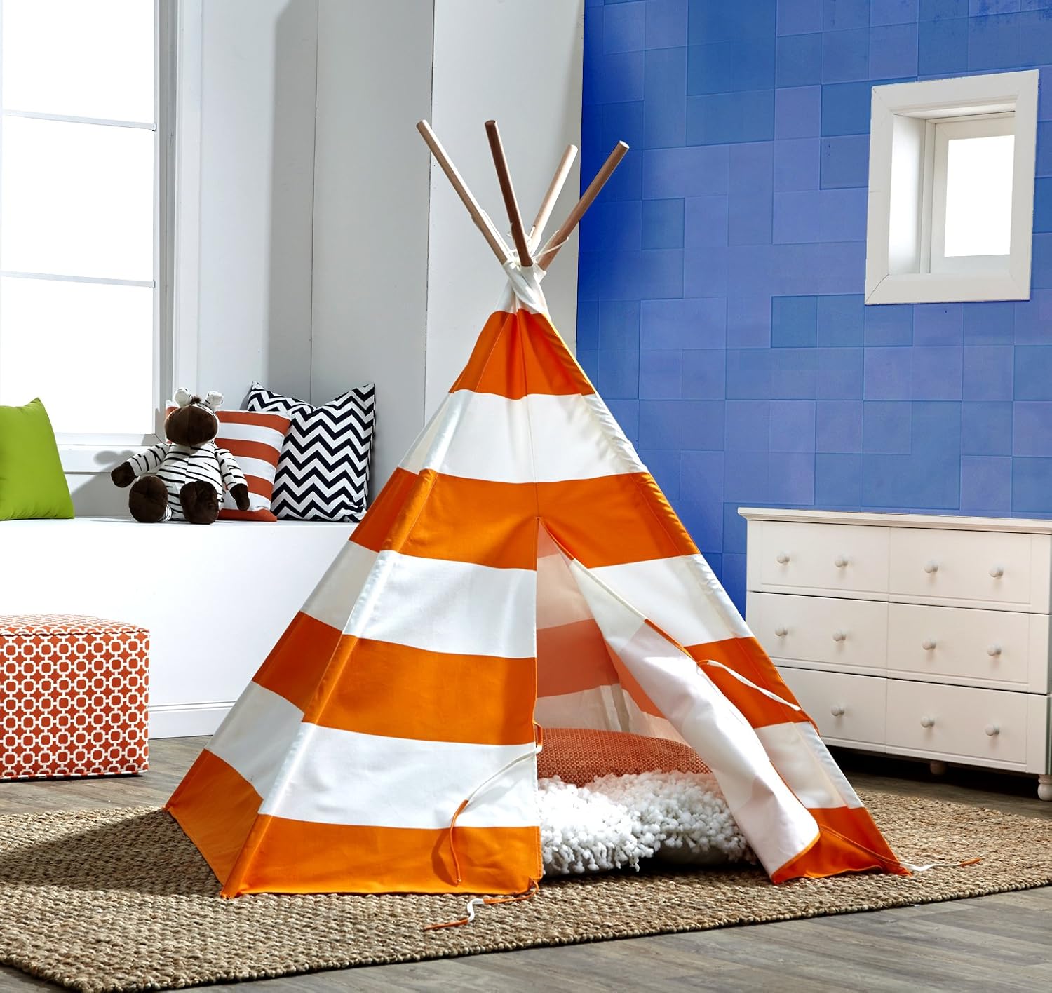 Tienda tipi para niños, naranja con rayas blancas
