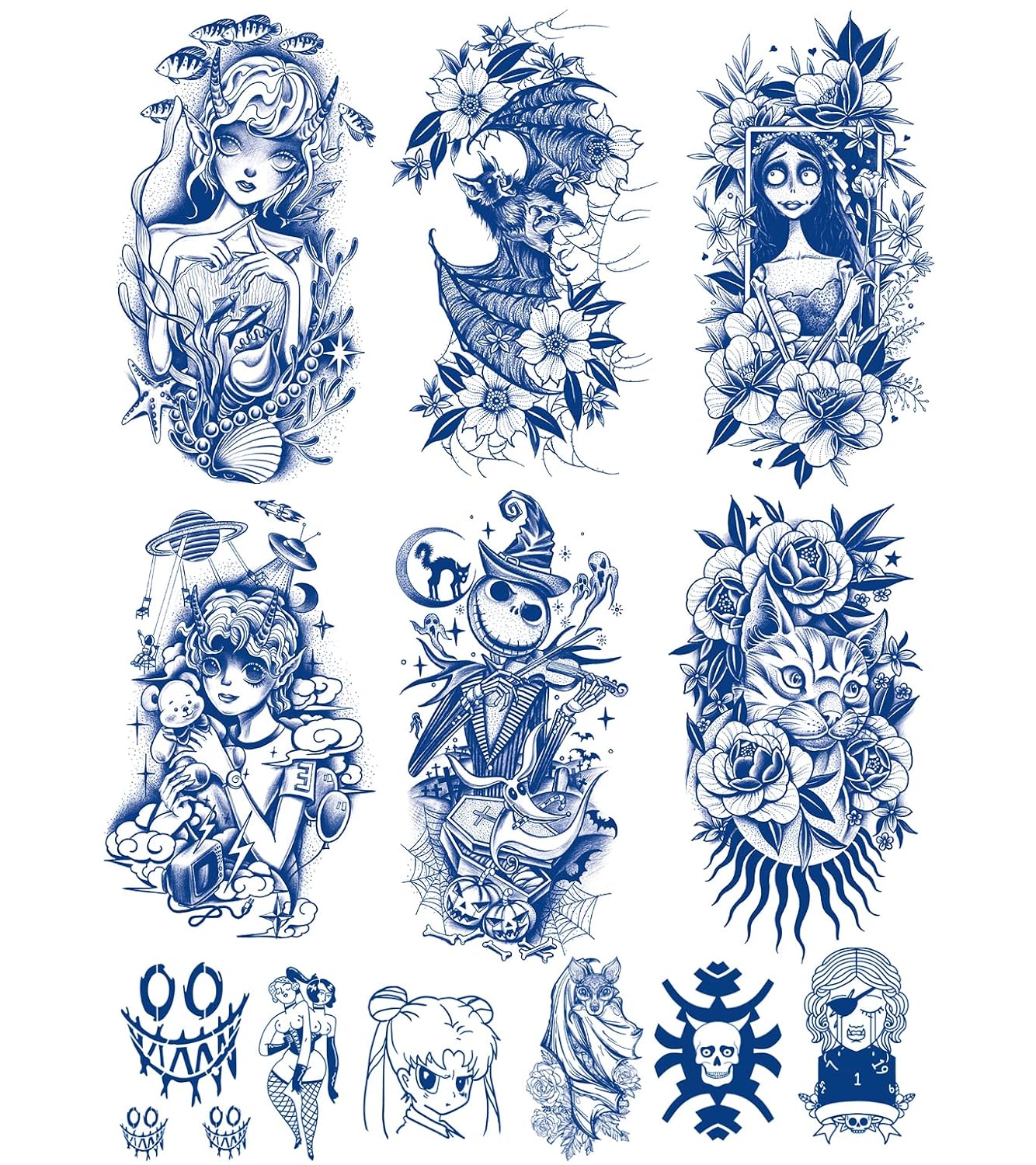 12 hojas de tatuajes temporales semipermanentes, 6 hojas de 2 semanas de duración, tatuajes impermeables de muñeca y 6 hojas pequeñas 100% de tinta
