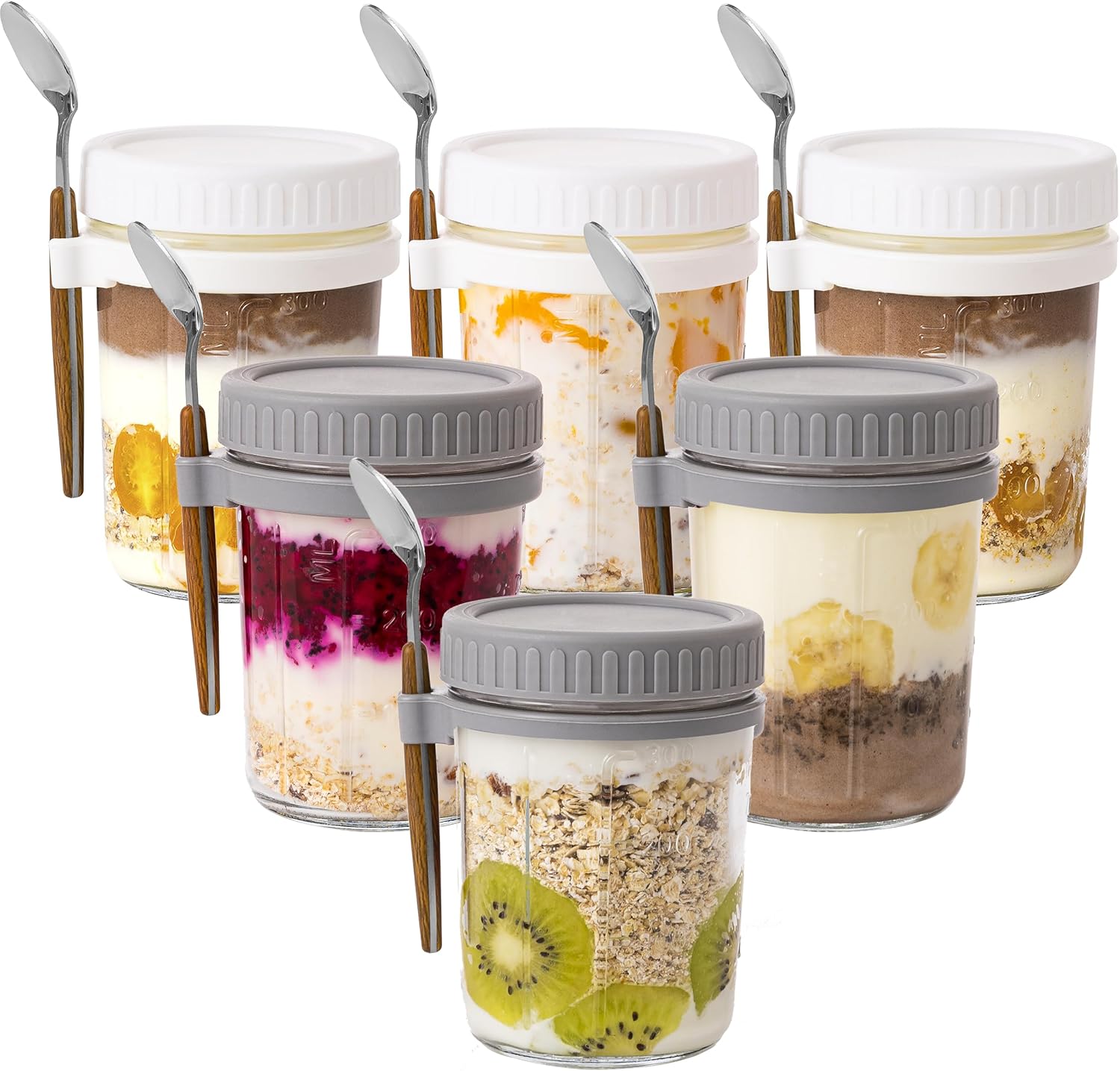 Famyards Paquete de 6 recipientes de avena con tapas herméticas y cucharas, tarros de vidrio de 16 onzas con marcas de medición, tarros de avena