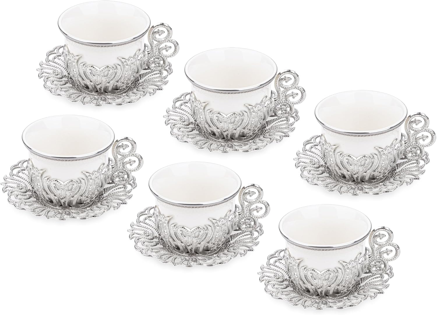 Alisveristime Juego de tazas de café turco, porcelana blanca y metal de zinc con motivos turcos, 6 tazas y platillos (plateado)