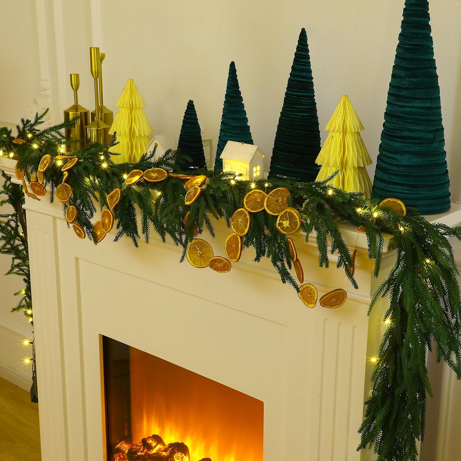 Real Touch Norfolk – Guirnalda de pino sintético de Navidad, guirnalda de pino artificial preiluminada, con luces LED blancas cálidas para Navidad,