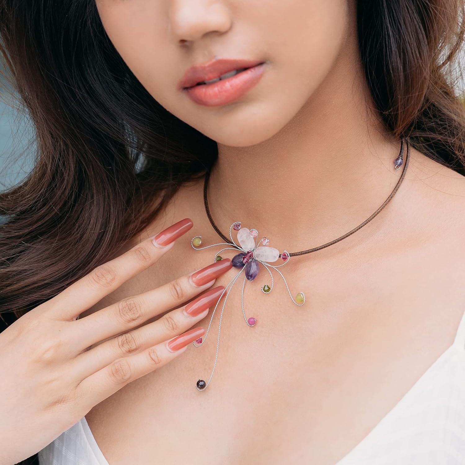 Pixa Choker Necklace  Handmade Rose Quartz and Amethyst Butterfly Crystal Necklace Boho Necklace with multi Crystal beads Vintage Elegant Boho
