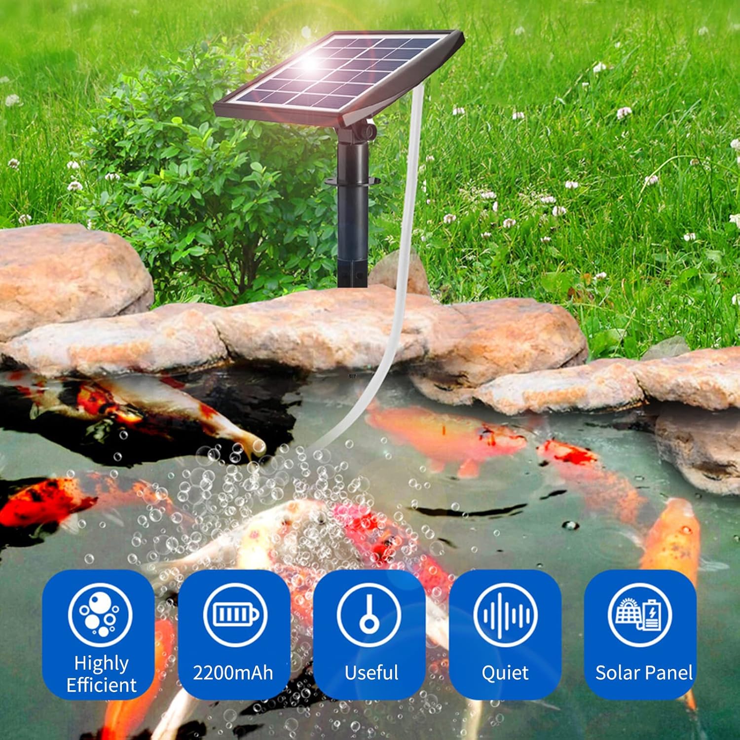 Andoer Bomba de oxígeno solar enchufable de 6 V 2 W con tubo de 8.2 pies, 2 piedras de burbujas de aire, oxigenador para acuario, aireador de