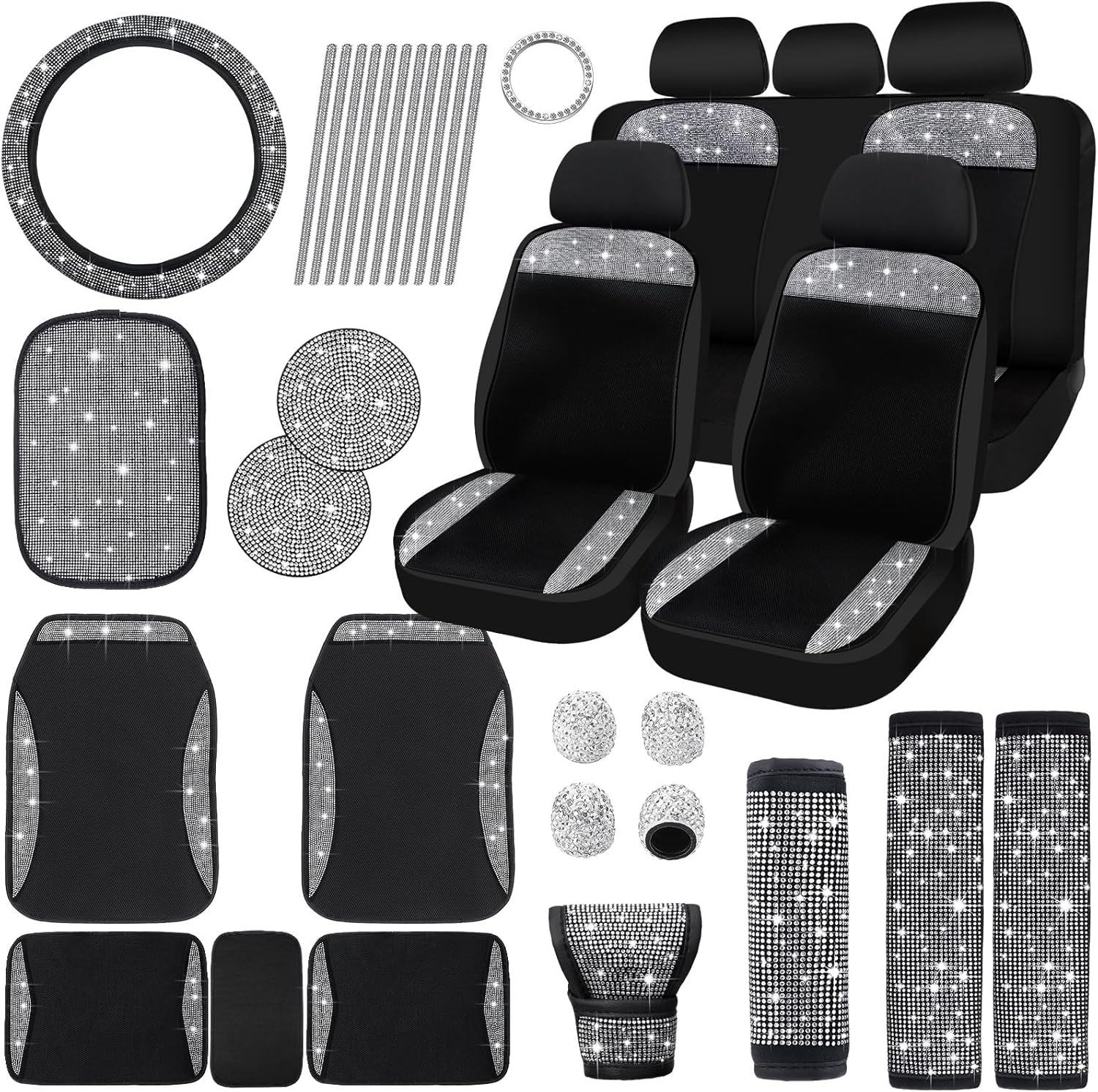 Juego completo de fundas de asiento de automóvil con diamantes de imitación para volante, cubierta con purpurina para consola central, accesorios de