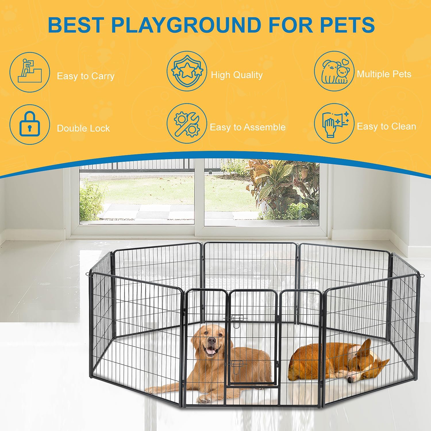Corralito para perros para interiores, corralito de juego para cachorros para interiores y exteriores, valla de metal de 8 paneles con puertas,