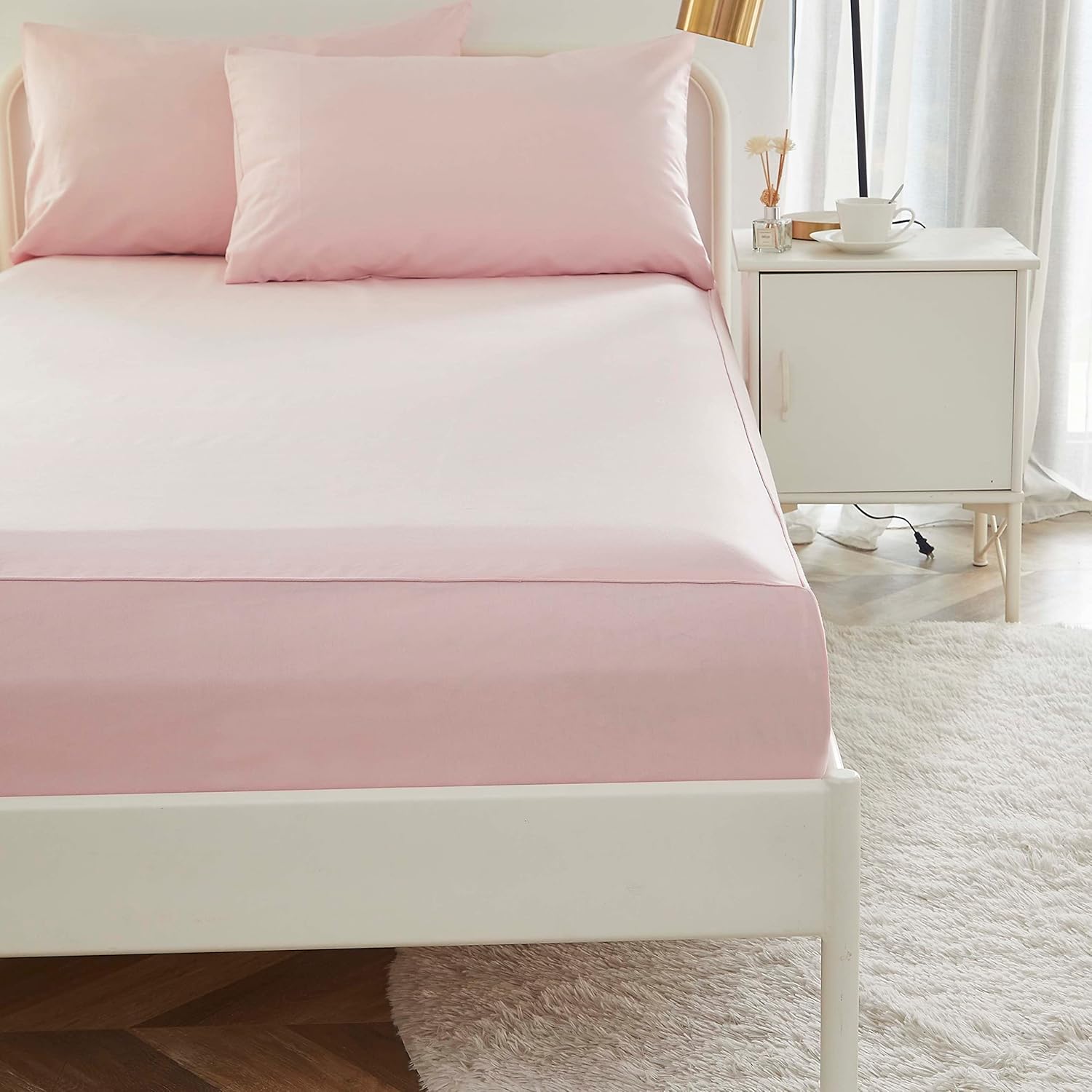Brandream Juego de sábanas para niñas, tamaño individual, ropa de cama para niños, color rosa, 100% algodón orgánico, 3 piezas, color liso, suave y