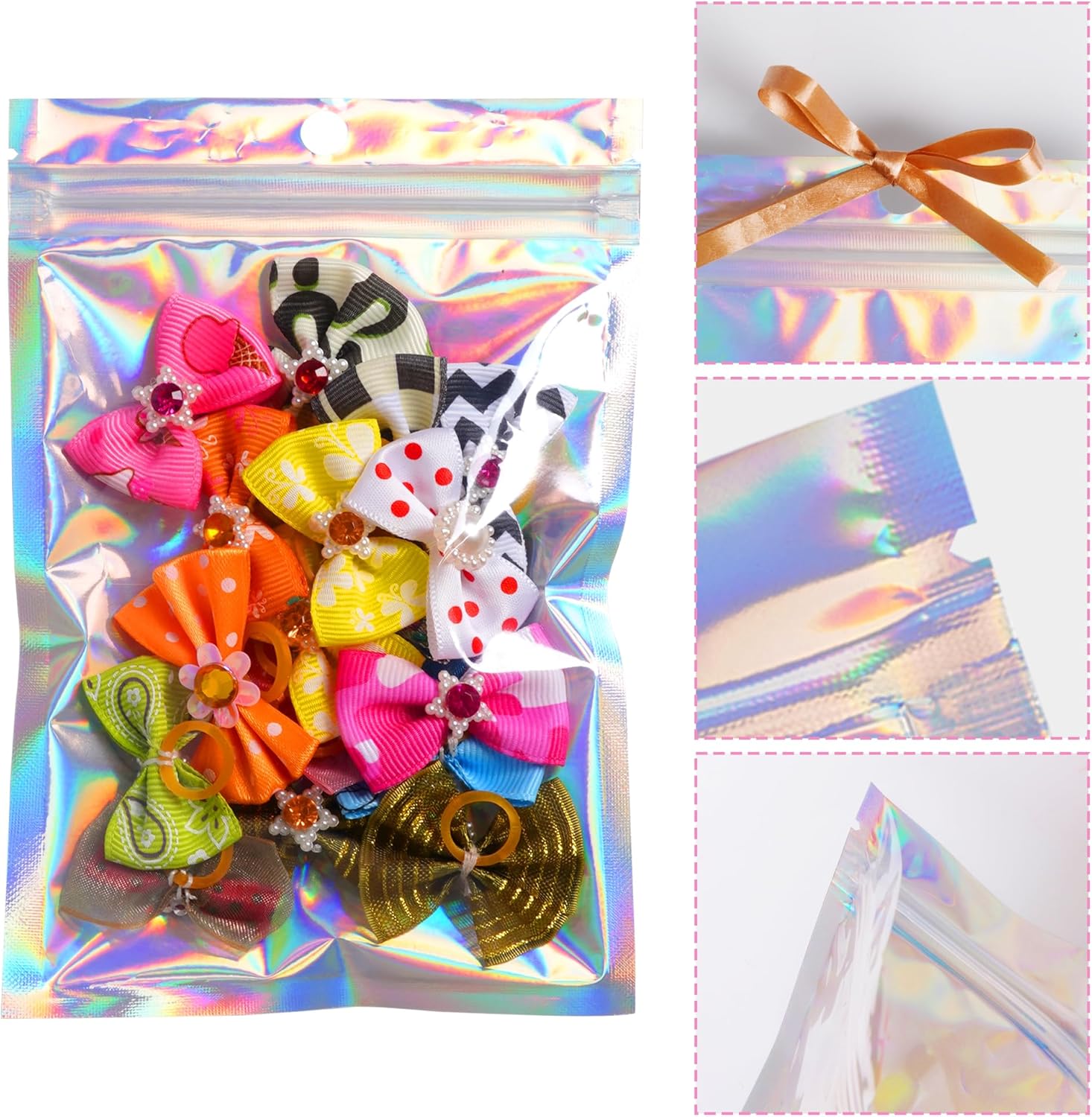 100 bolsas de embalaje holográficas resellables para pequeñas empresas, bolsas de muestra de aluminio, bonitas bolsas de almacenamiento a prueba de