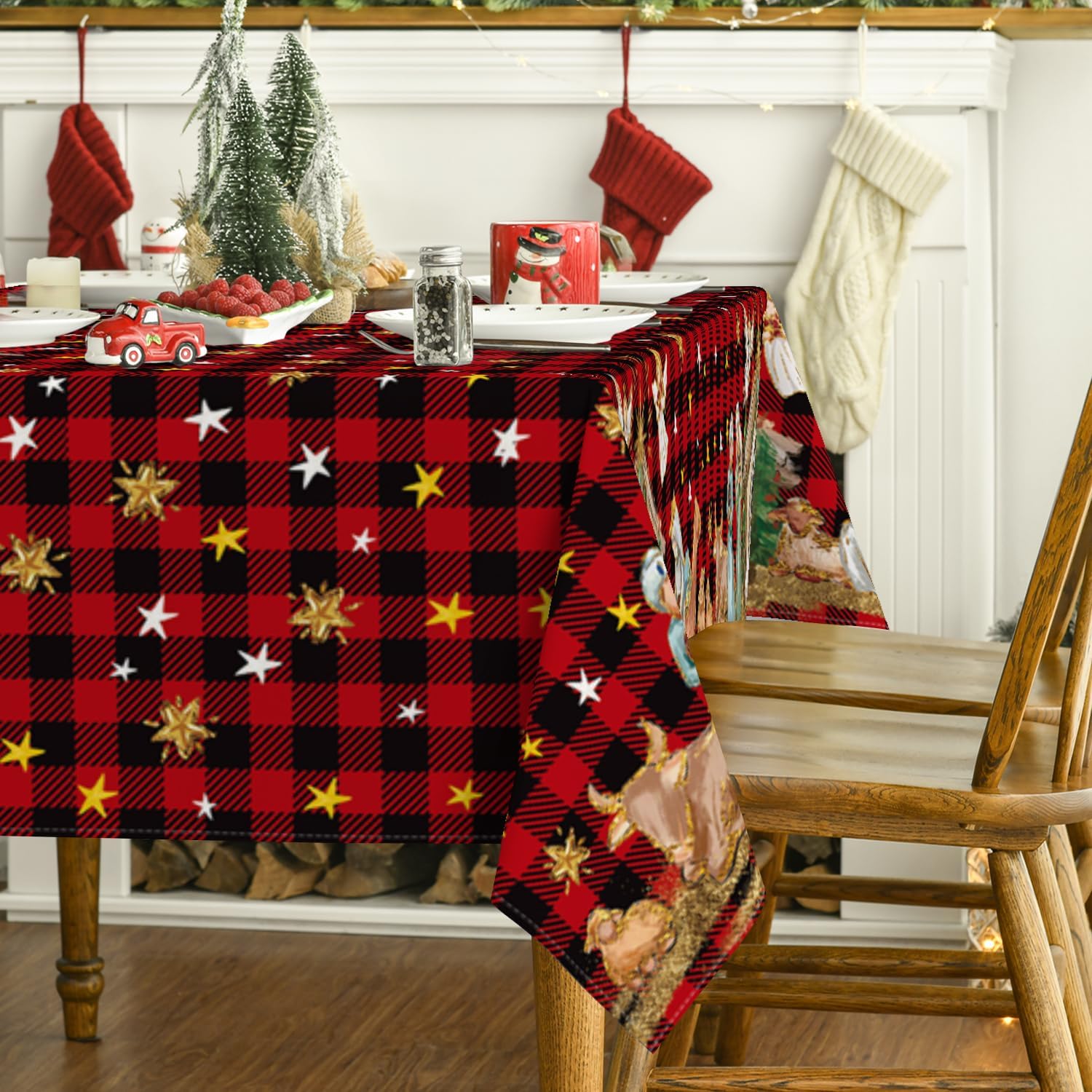 Horaldaily Mantel de Navidad de 60 x 120 pulgadas, diseño de búfalo rojo a cuadros, lavable, para decoración de fiestas, pícnic, cenas