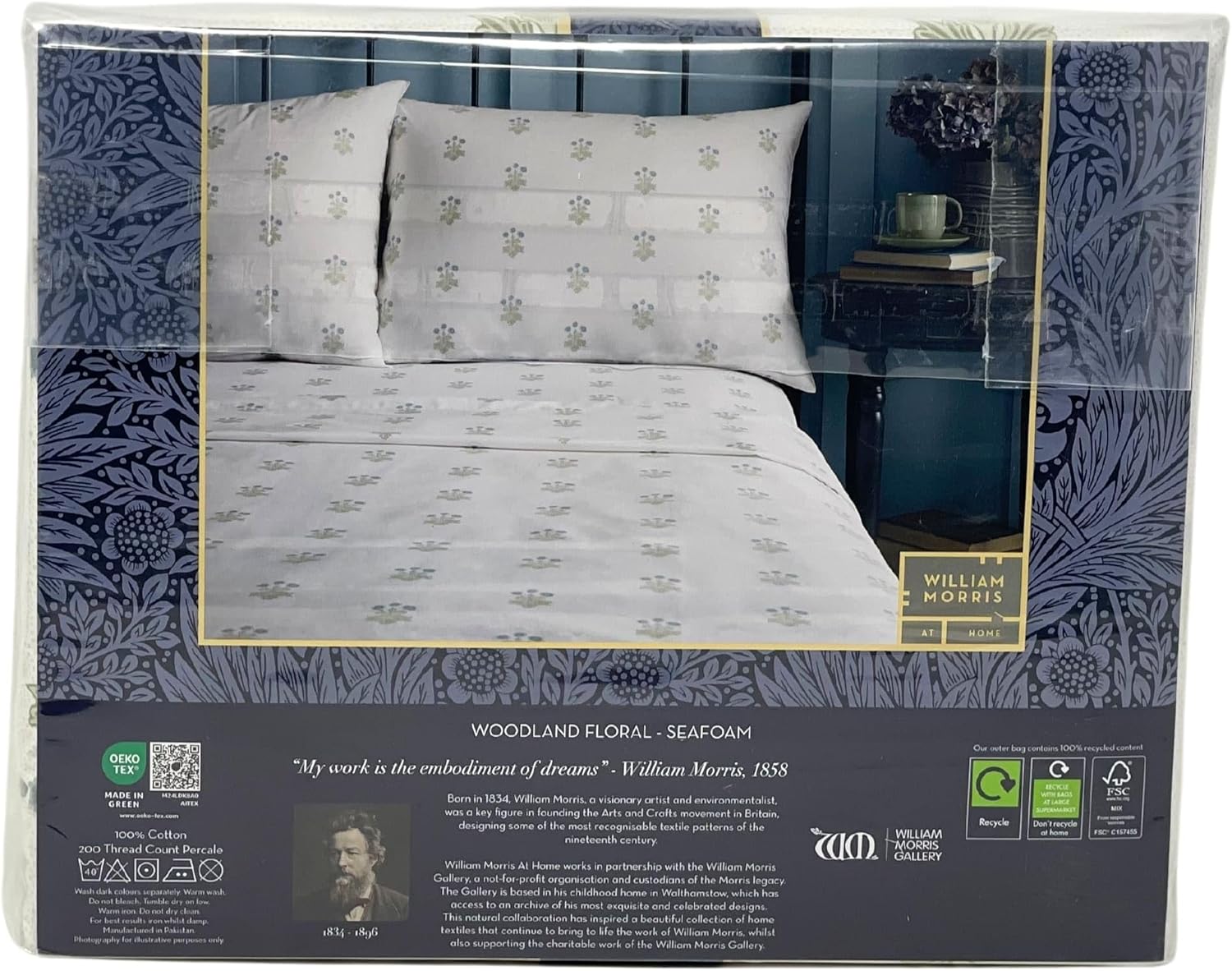 William Morris England – Juego de sábanas de 4 piezas suave 100% algodón percal, diseño floral, color crema verde salvia (tamaño King)