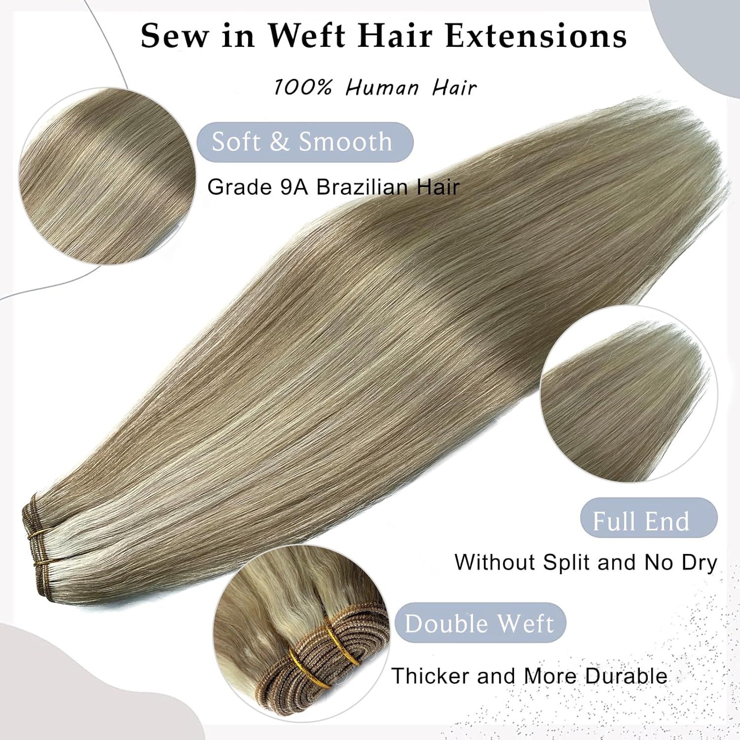 Extensiones de cabello humano real, 20 pulgadas, 3.53 oz, extensiones de cabello humano con balayage rubio ceniza a rubio, atadas a mano,