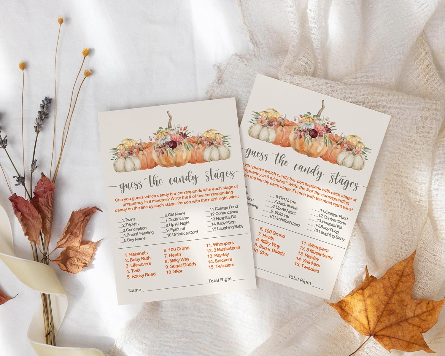 Paper Clever Party Juego de calabaza Baby Shower Game Match The Candies tarjetas de actividad, floral y calabaza, juego de 4 x 6, paquete de 25