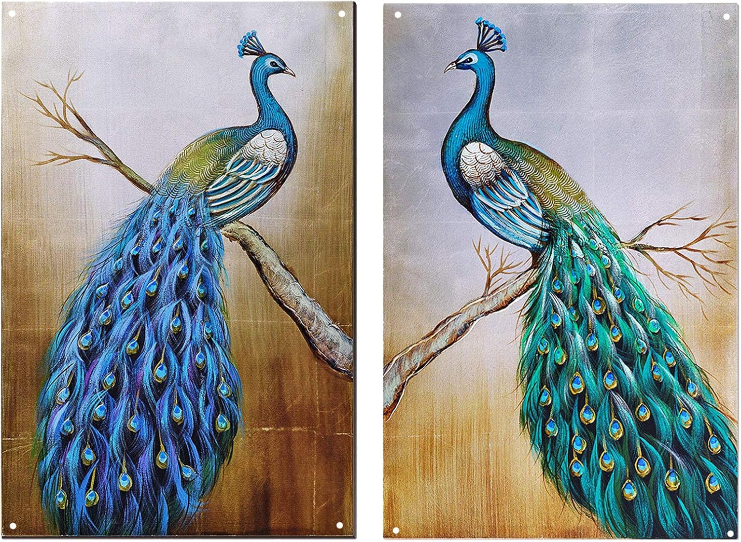 TISOSO Dos pavos reales, hermoso arte de pared, letrero de metal, decoración de pared para sala de estar, barra de arte vintage, decoración del