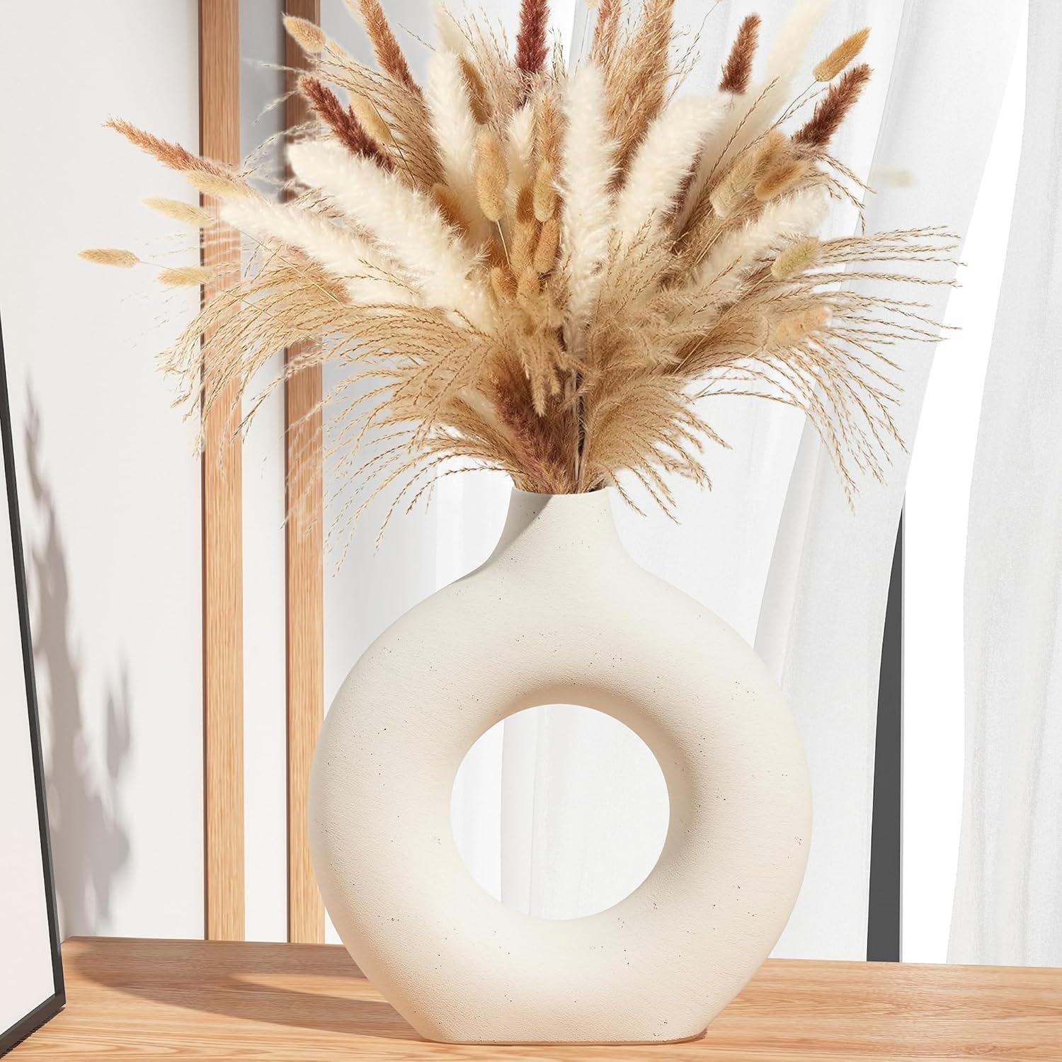 Jarrón bohemio de cerámica blanca, jarrón Dount para pampas, estilo minimalista nórdico, jarrones de flores mate para granja, sala de estar, mesa,