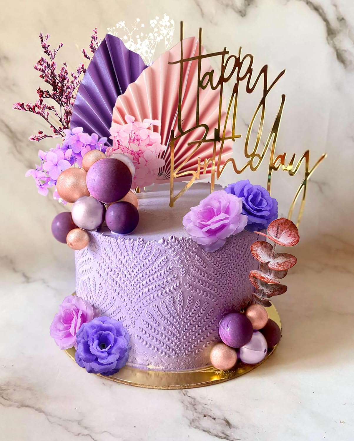 JeVenis 33 piezas de decoración de pasteles morados, decoración de pastel de rosas moradas, decoración de pasteles de hojas de palma, bolas,