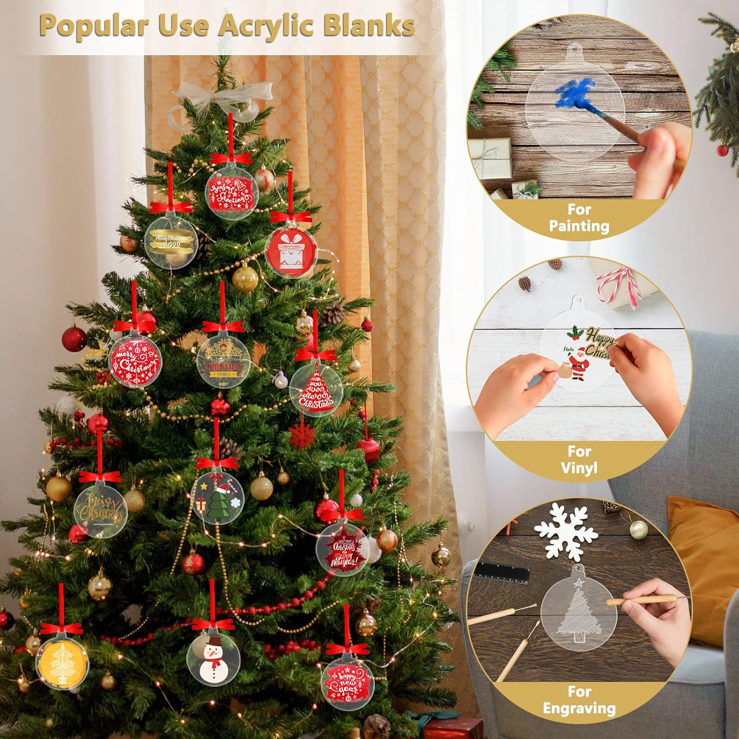 Adornos acrílicos en blanco, 20 unidades de 3 pulgadas de acrílico redondo transparente de Navidad en blanco a granel 2024, kit de adornos de