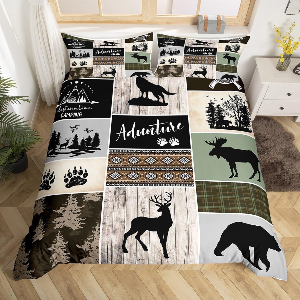 Juego de funda de edredón para niños de aventura de camping, tamaño matrimonial, juego de ropa de cama de caza de ciervos, osos, lobo, animales y