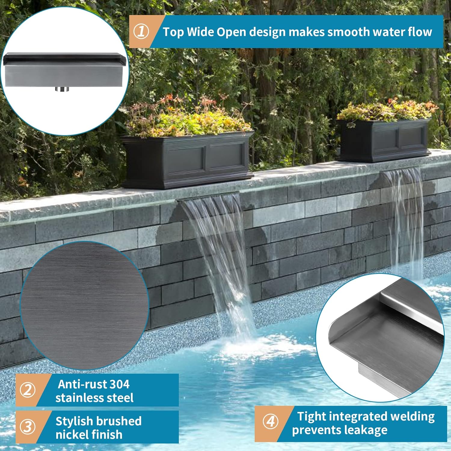 Fuente de piscina de acero inoxidable 304 con conector, derrame de agua rectangular de 12 pulgadas para piscina, jardín, estanque al aire libre, spa