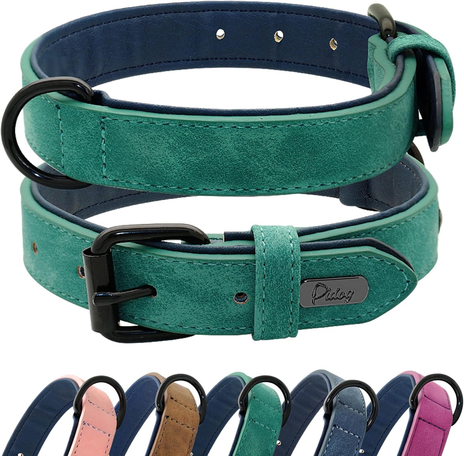 Didog Collar de cuero acolchado suave para perro, collar de cuero transpirable y resistente con hebilla metálica ajustable a prueba de óxido para