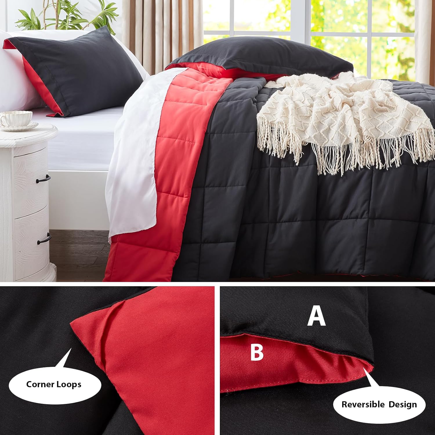 SunStyle Home Juego de edredón King de 3 piezas, ligero y liso, relleno alternativo, suave y reversible, para todas las estaciones (negrorojo)