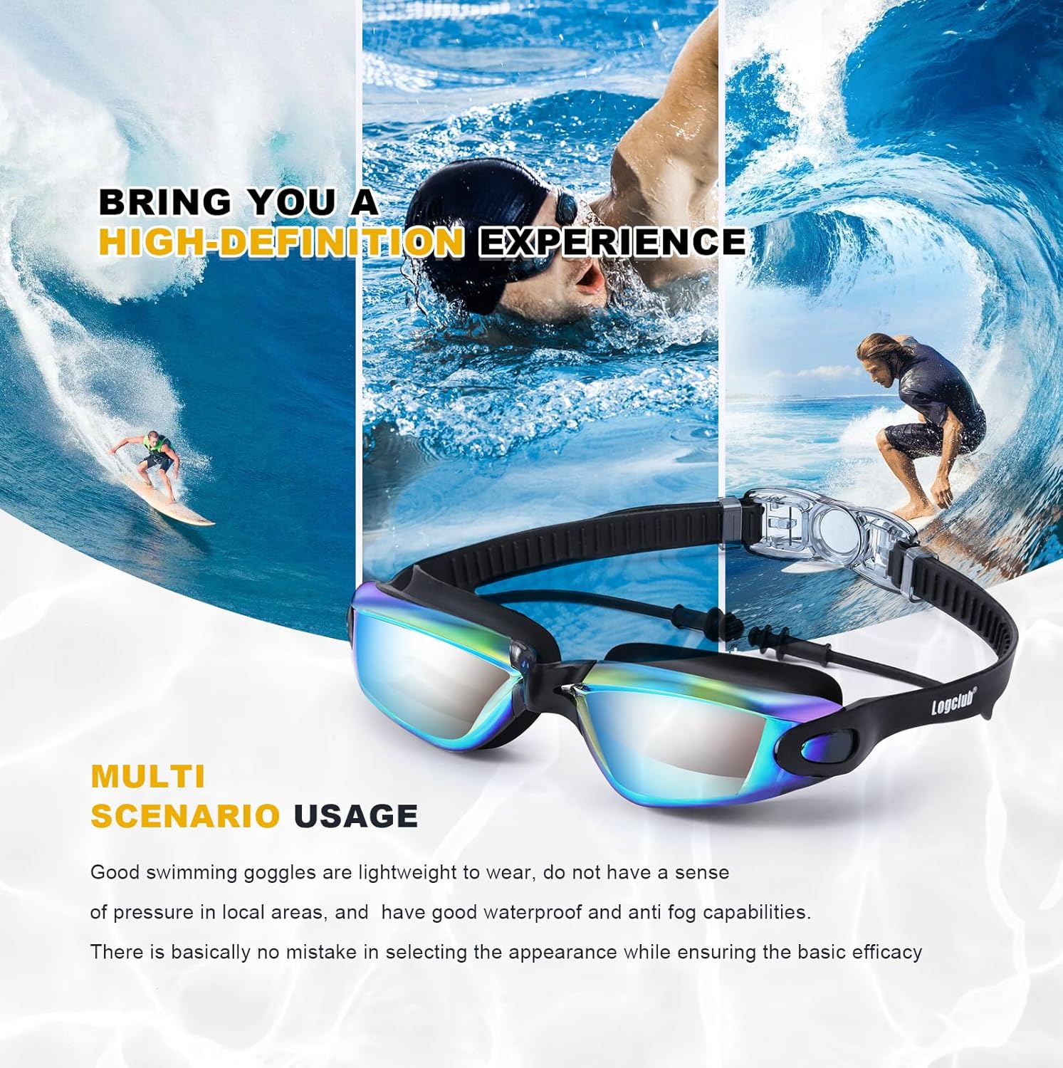 logclub Swim Goggles for Men Women – Adult Swimming Goggles Anti Fog UV Protection No Leak with Ear Plugs