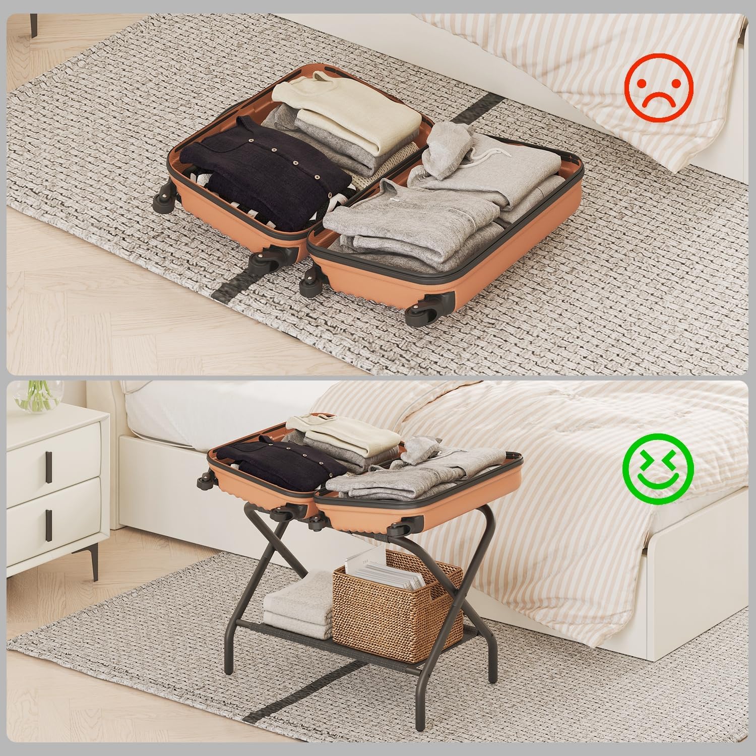 Smart FENDEE Portaequipajes para habitación de invitados, soporte plano plegable para maleta con estante de tela, soporte de equipaje portátil de
