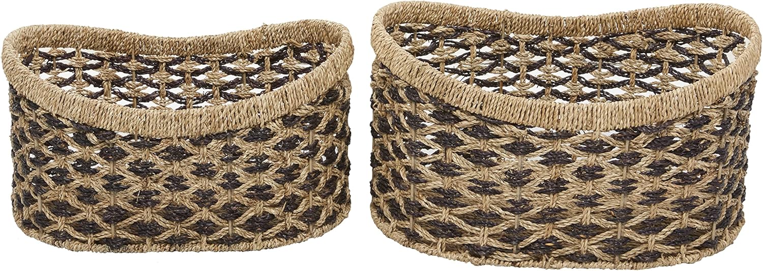 Deco 79 Seagrass – Cesta de almacenamiento hecha a mano de dos tonos con asas, juego de 2 10 pulgadas, 9 pulgadas de alto, color marrón