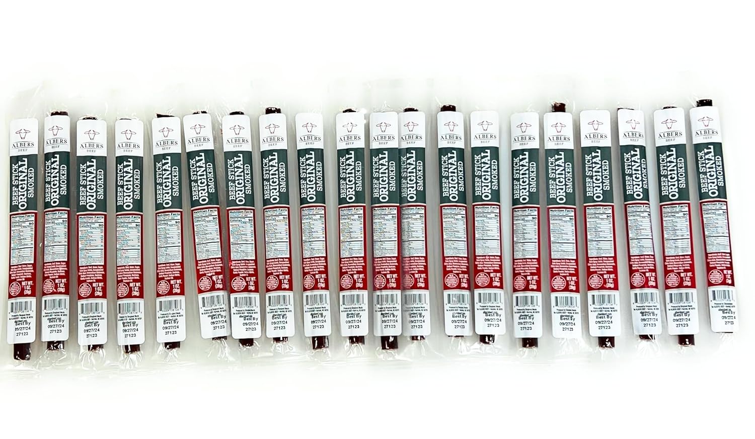 Albers Beef, Snack Stick de 1 oz. Paquete de 20 unidades de sabor original. Bajo en azúcar, proteína 5G. El sabor de la tradición de Nebraska.