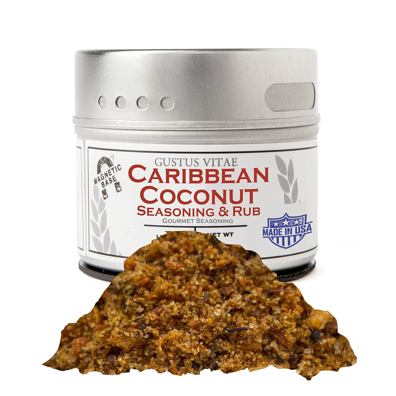 Condimento y frote de coco caribeño, auténtica mezcla de especias gourmet artesanales, sin OMG, 2 onzas, lote pequeño, lata magnética, Gustus Vitae