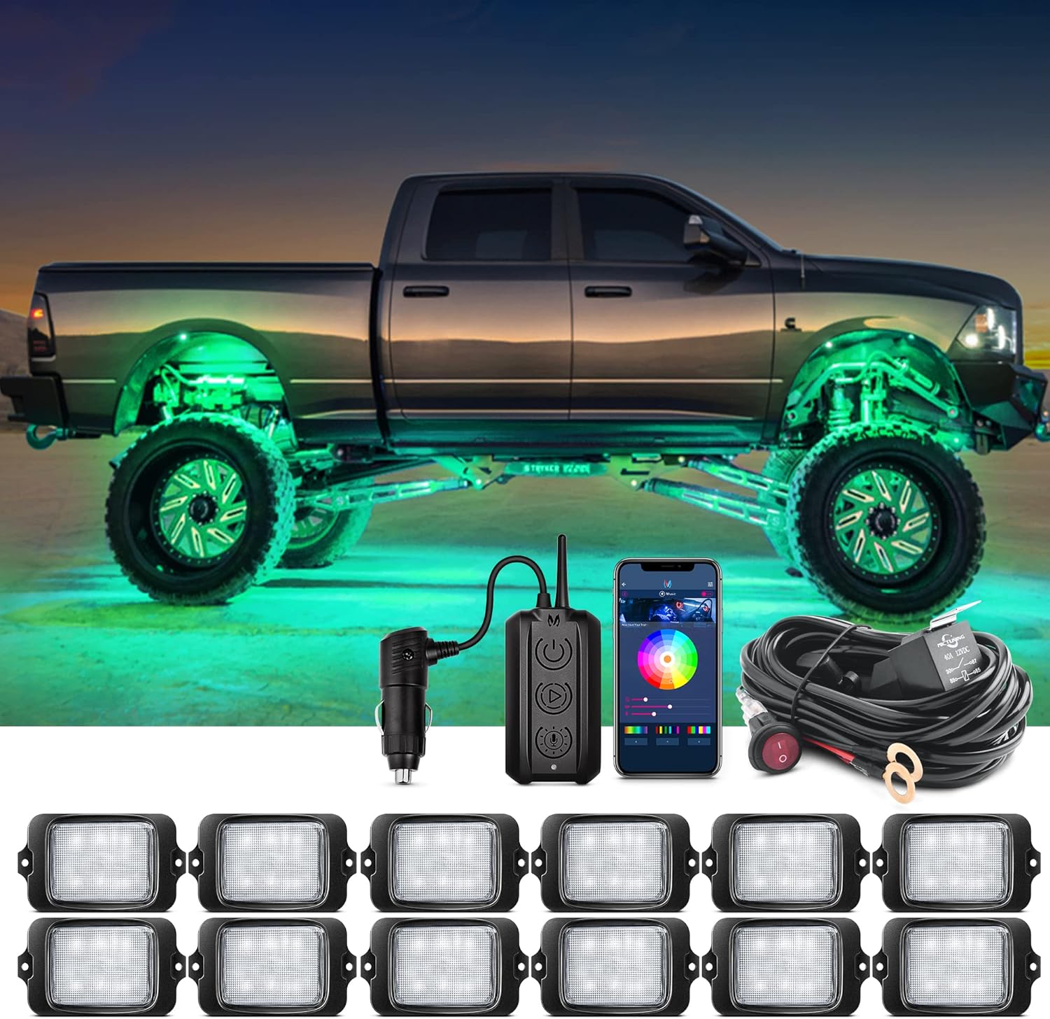 MICTUNING C3 – Luces de roca LED extensibles RGBW con control inalámbrico, 12 cápsulas, luces subterráneas multicolor con aplicación Bluetooth y