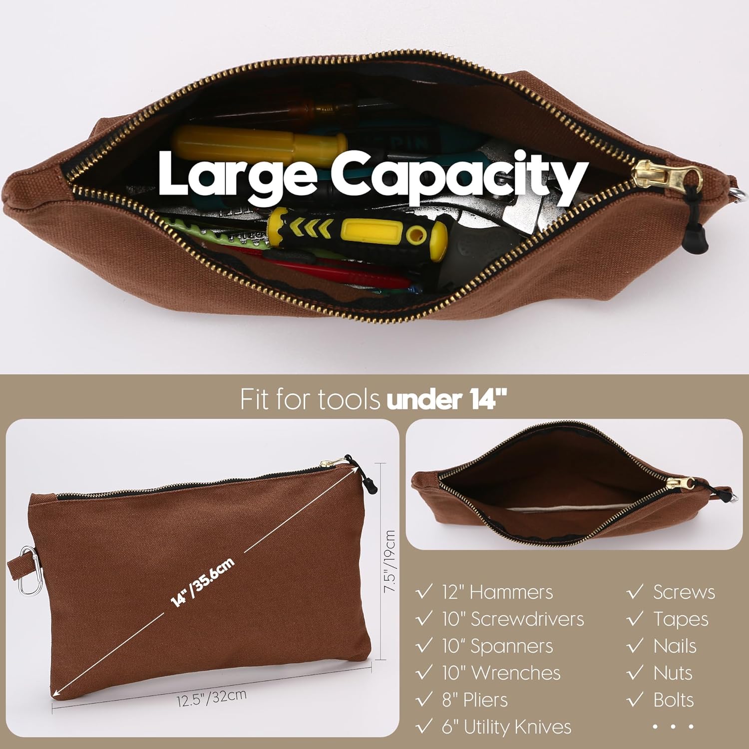 Sea Team Paquete de 3 bolsas de herramientas de lona, bolsa de almacenamiento resistente con cremallera con resorte de metal, organizador de