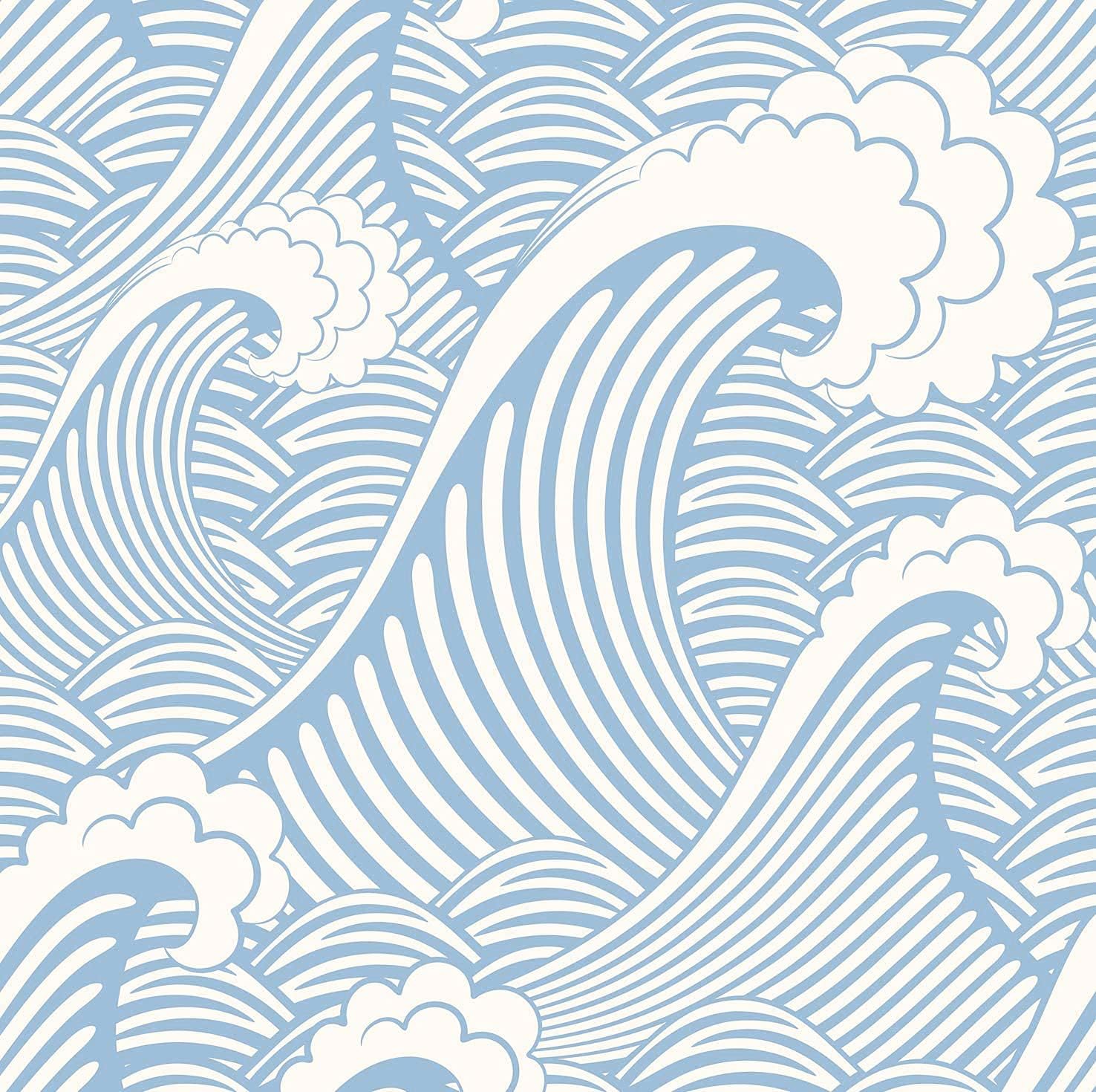 Blooming Wall CPS030 – Papel pintado a mano sin costuras de olas blancas azules y blancas, papel tapiz autoadhesivo prepegado (17.7 x 118 pulgadas)
