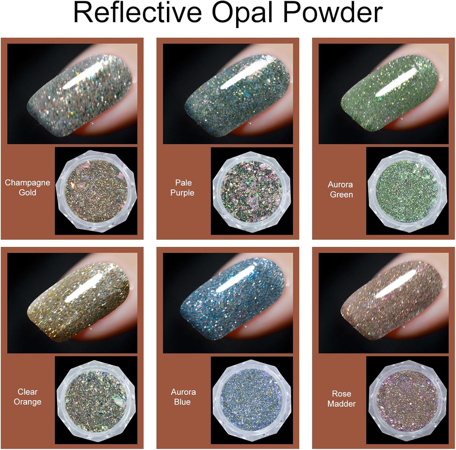 Juego de polvos de uñas Aurora Opal de 6 colores, pigmento iridiscente de arte de uñas de cristal de hielo, lentejuelas de uñas de colores