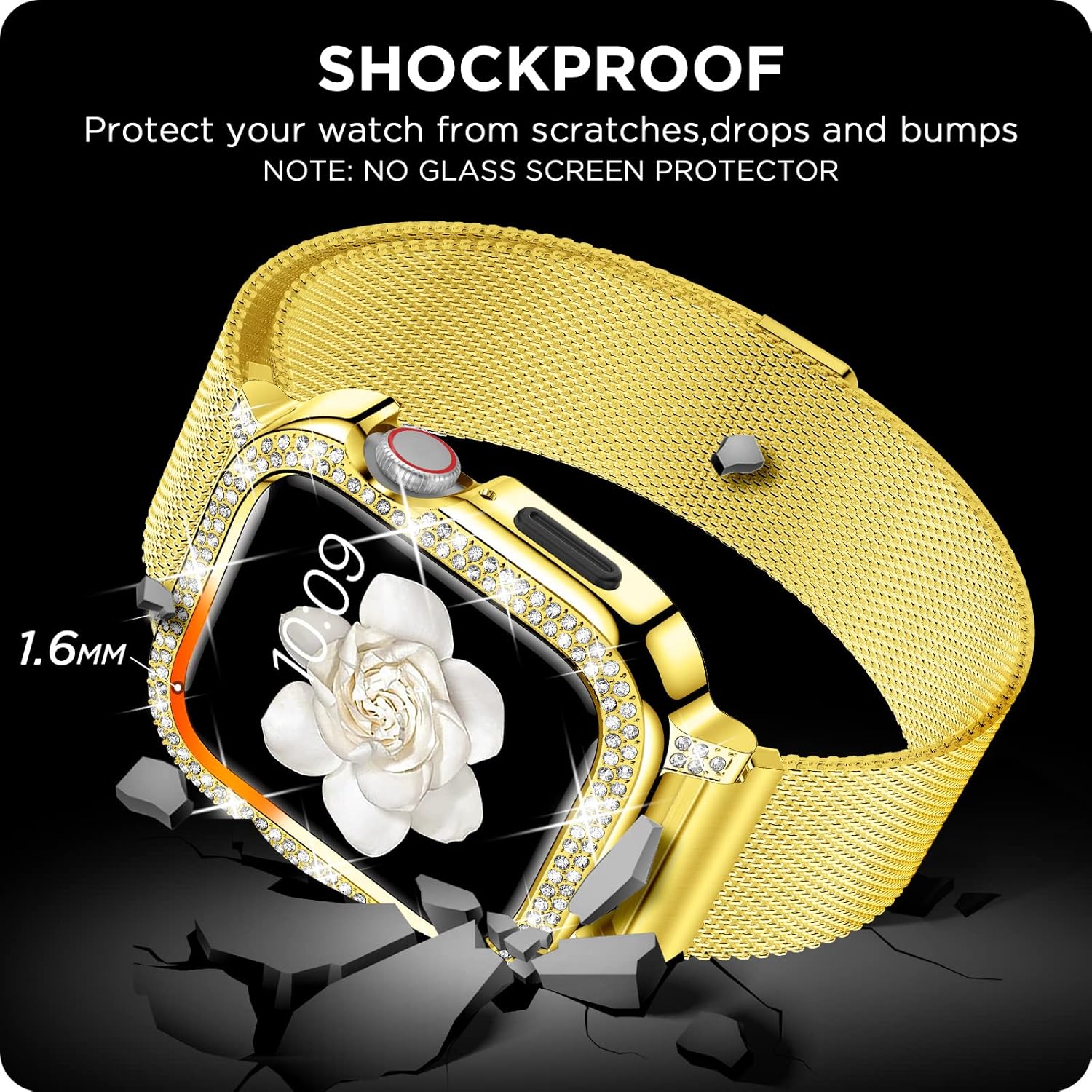 XYF Correas brillantes compatibles con Apple Watch Band de 1.575 pulgadas para mujeres con parachoques, malla de acero inoxidable, magnética, de