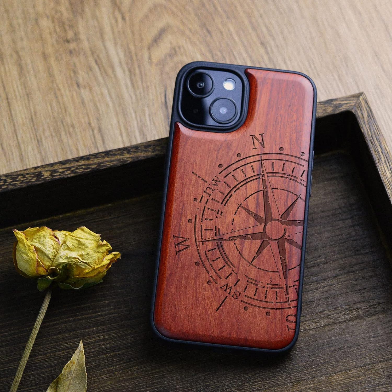 Carveit Funda magnética de madera para iPhone 13 Mini madera real dura y TPU suave a prueba de golpes, funda protectora híbrida única y elegante de