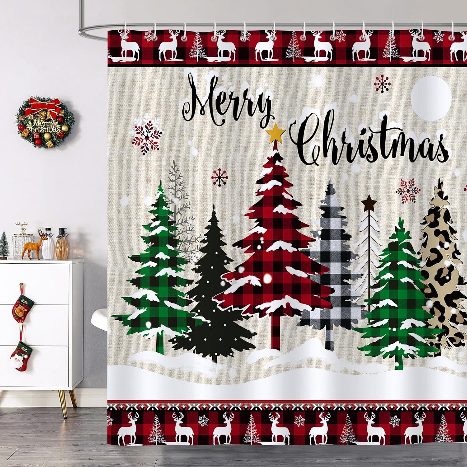 Bonhause Cortina de ducha con diseño de árbol de Navidad, diseño de copos de nieve de invierno, cortina de baño decorativa de 72 x 72 pulgadas, tela
