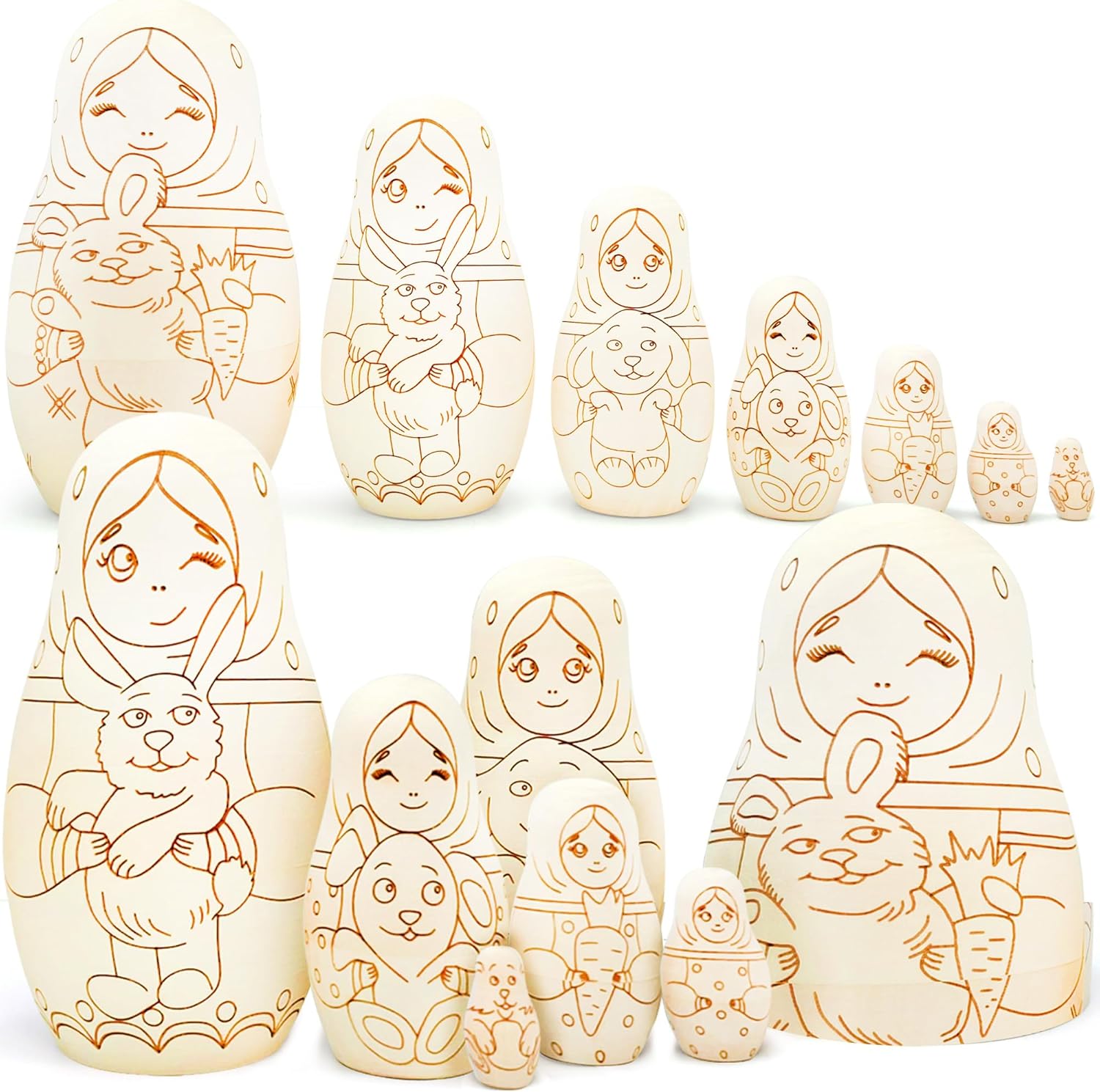AEVVV Juego de 7 muñecos de anidación en blanco sin pintar, kits de manualidades de madera DIY – Espacios en blanco sin pintar muñecas Matryoshka –