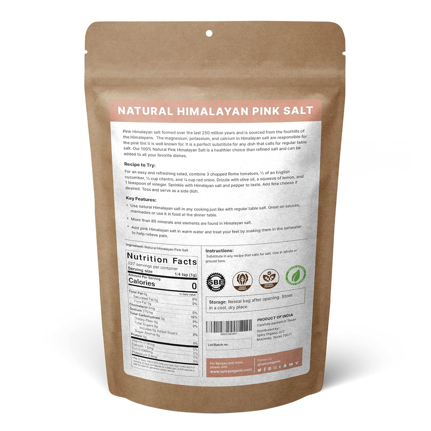 SPICY ORGANIC Sal natural del Himalaya sin OMG, sal rosa del Himalaya sin gluten, rica en 80 minerales y elementos, 8 onzas.