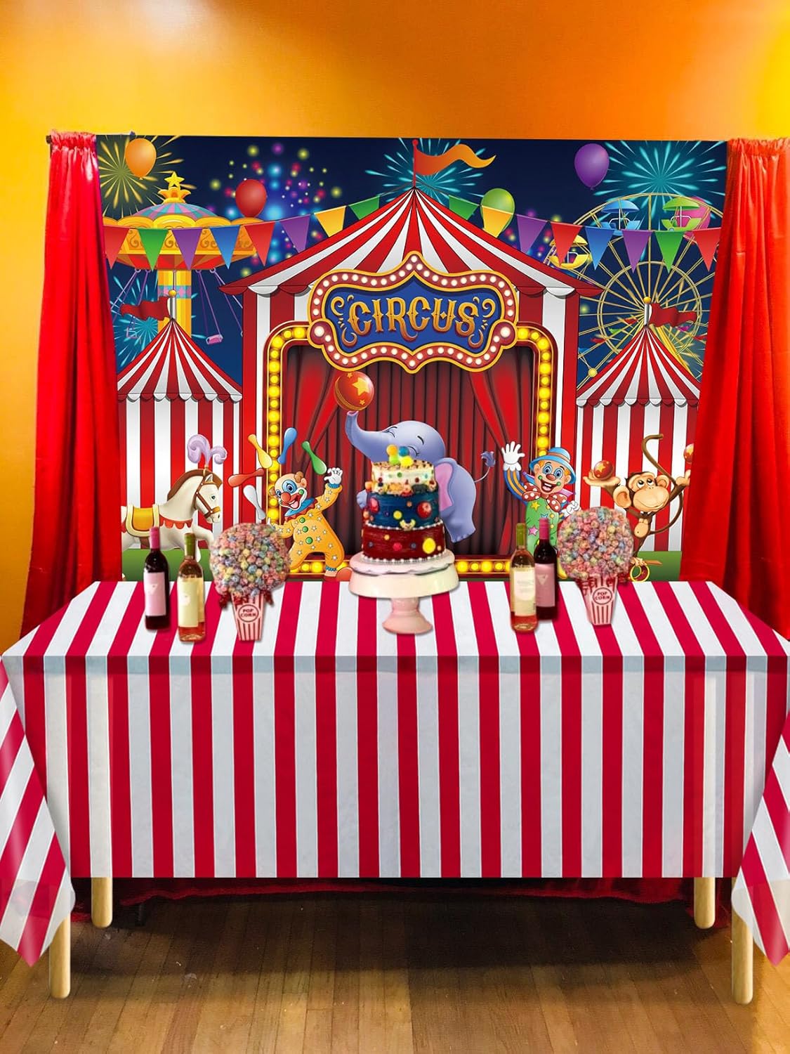 Kit de mantel de telón de fondo de circo rojo a rayas, parque de atracciones, tiendas de campaña, carrusel de carnaval, primer cumpleaños, baby