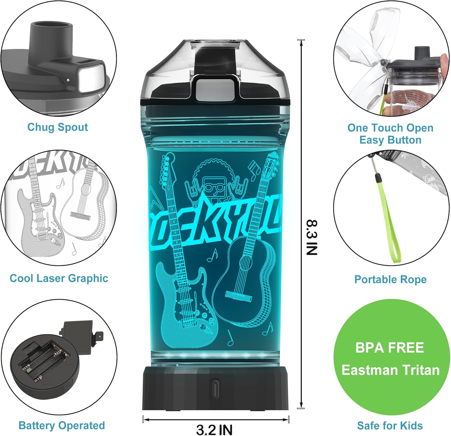 Botella de agua para niños con luz LED de guitarra brillante 3D, Tritan sin BPA, taza de viaje creativa ideal para regalo de música para el regreso